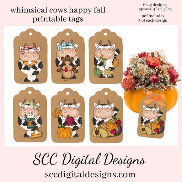 Whimsical Cow Happy Fall Printable Kraft Tags, Black & White Cows, Create One of a Kind Gift or Price Tags, Instant Download, Commercial Use - Custom Printed Hang Tags, Create Personalized Price Tags, DIY Thank You Tag