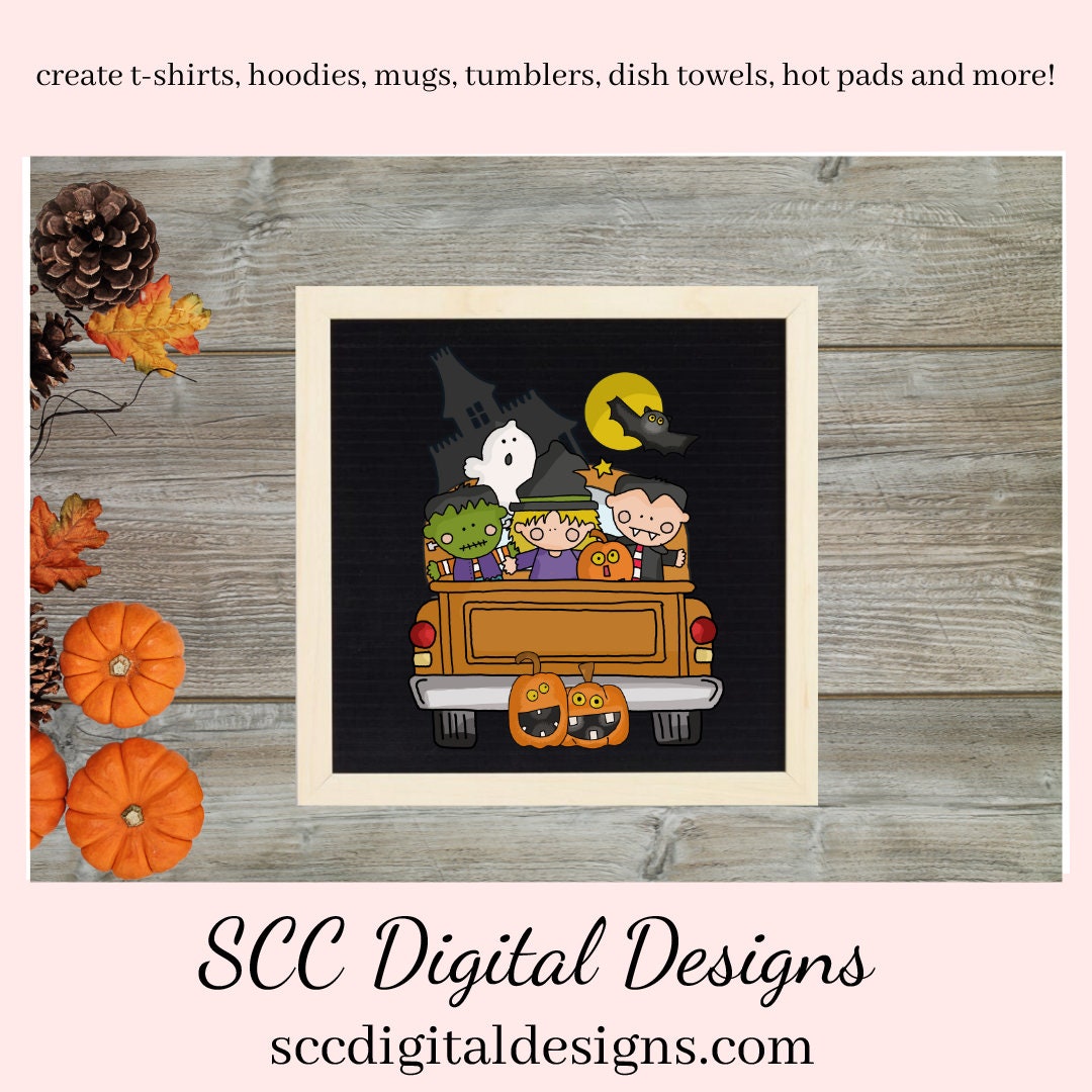 Halloween Kids Clipart, Pumpkins, Ghost, Bat, Vintage Truck, Witch Hat, Haunted House, Instant Download, Commercial Use PNG, Clip Art Set