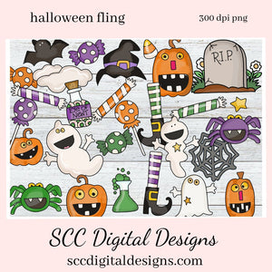 Halloween Elements Clipart, Pumpkins, Ghosts, Bat, Witch Hat, Spiders, RIP Headstone, Candy, Instant Download, Commercial Use PNG, Clip Art Set