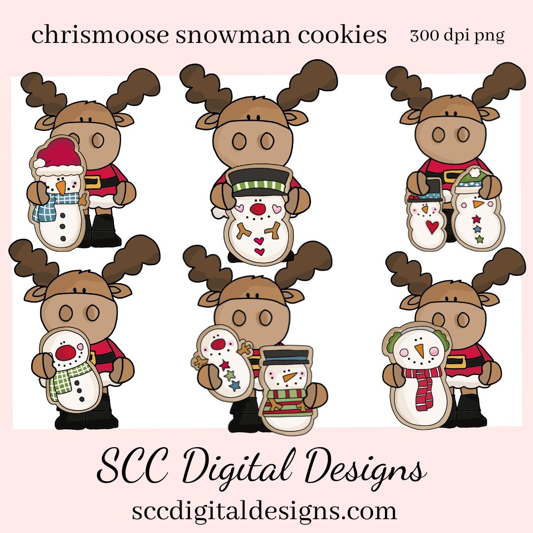 Chrismoose Snowman Cookies Clipart, DIY Gift for Her, Xmas Home Decor, Snowman Cookies, Instant Download, Commercial Use PNG, Exclusive Clip Art Set