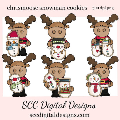 Chrismoose Snowman Cookies Clipart, DIY Gift for Her, Xmas Home Decor, Snowman Cookies, Instant Download, Commercial Use PNG, Exclusive Clip Art Set