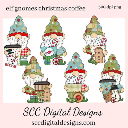 Elf Gnomes Christmas Coffee Clipart, Cocoa Mug, DIY Gift for Her, Holiday Cookie, Xmas Home Decor, Instant Download, Commercial Use PNG, Exclusive Clip Art Set