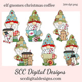 Elf Gnomes Christmas Coffee Clipart, Cocoa Mug, DIY Gift for Her, Holiday Cookie, Xmas Home Decor, Instant Download, Commercial Use PNG, Exclusive Clip Art Set