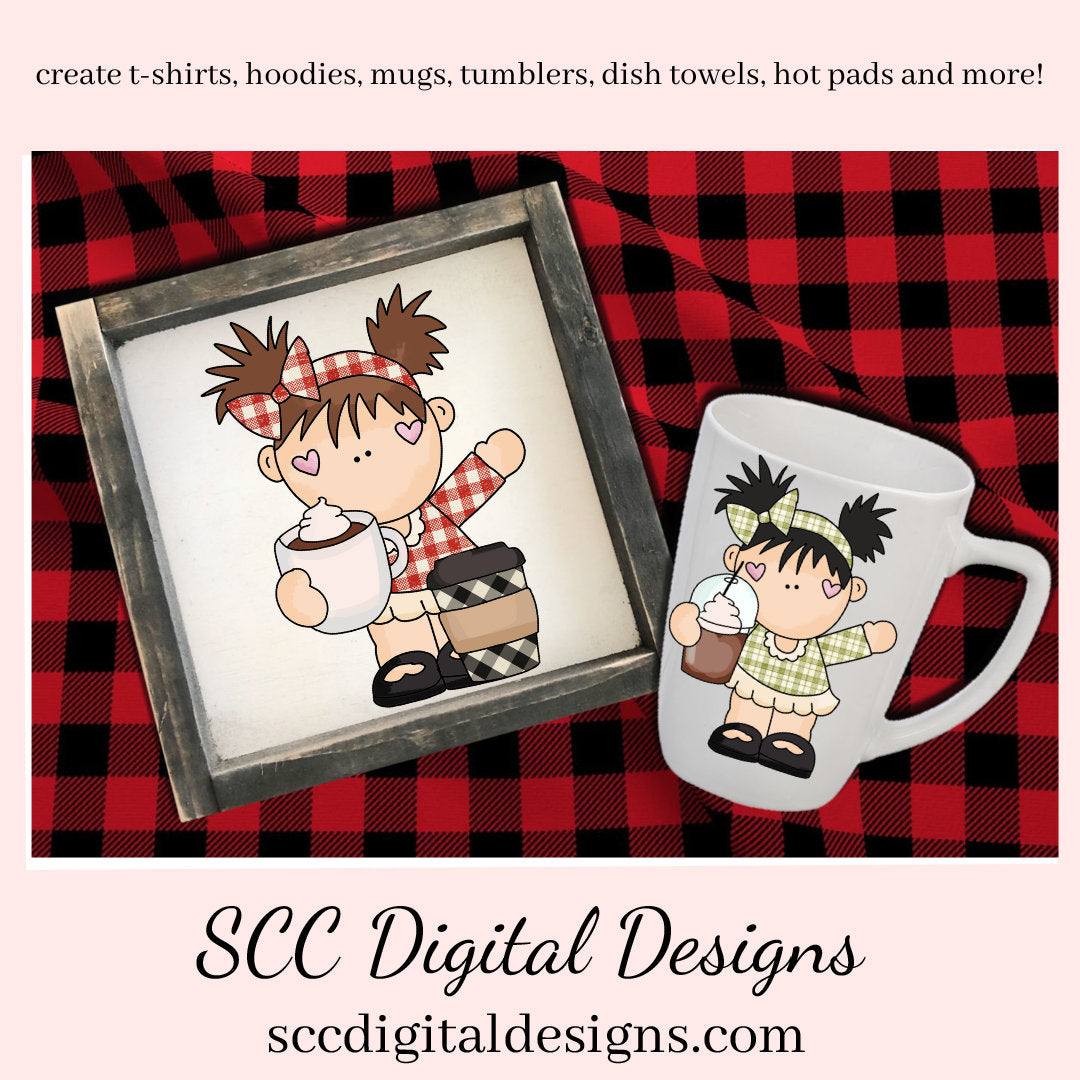 Pig Tail Girls at the Coffee Shop Clipart, Mocha, Latte, DIY Gift for Her, Coffee House Decor, Instant Download, Commercial Use PNG, Exclusive Clip Art Set
