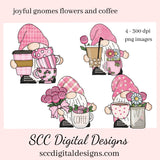 Joyful Gnomes Coffee & Flowers Clipart, Mocha, Latte, Pink Roses, Pink Lover Gifts, Instant Download, Commercial Use, Exclusive Clip Art PNG Set, T-Shirt & Hoodie Design, Craft Supplies, Scrapbook Elements, Personal Use  Our clipart files come to you as 300 dpi PNG images.