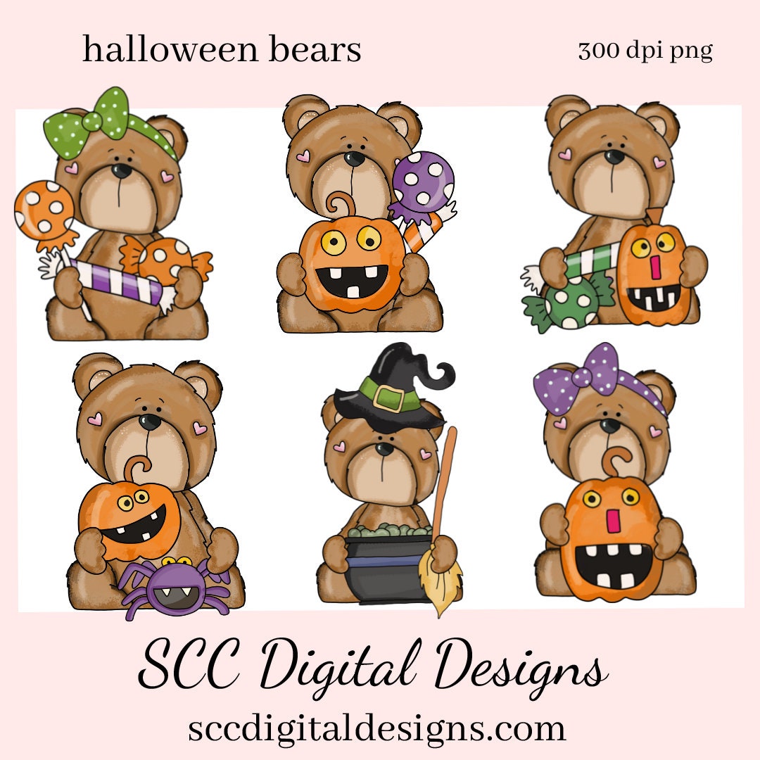 Halloween Bears Clipart, Whimsical Bear, Pumpkin, Spider, Candy, Witch Potion, Party Printables, Instant Download, Commercial Use, Clip Art    Our clipart files come to you as 300 dpi PNG images.   