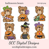 Halloween Bears Clipart, Whimsical Bear, Pumpkin, Spider, Candy, Witch Potion, Party Printables, Instant Download, Commercial Use, Clip Art    Our clipart files come to you as 300 dpi PNG images.   