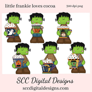 Little Frankie PNG, Halloween Cocoa Mugs, Exclusive Clipart, Ghost, Candy, Spider, Pumpkin, Instant Download, Commercial Use Clip Art Set