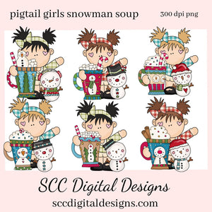 Pigtail Girls Snowman Soup Exclusive Clipart, Hot Cocoa Mugs, Snowman, Snowmen, Candy Cane, Scrapbook Elements, Instant Download, Commercial Use, Clip Art PNG Set, T-Shirt & Hoodie Design, Craft Supplies, Scrapbook Elements, Personal Use  Our clipart files come to you as 300 dpi PNG images.