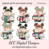 Pigtail Girls Snowman Soup Exclusive Clipart, Hot Cocoa Mugs, Snowman, Snowmen, Candy Cane, Scrapbook Elements, Instant Download, Commercial Use, Clip Art PNG Set, T-Shirt & Hoodie Design, Craft Supplies, Scrapbook Elements, Personal Use  Our clipart files come to you as 300 dpi PNG images.