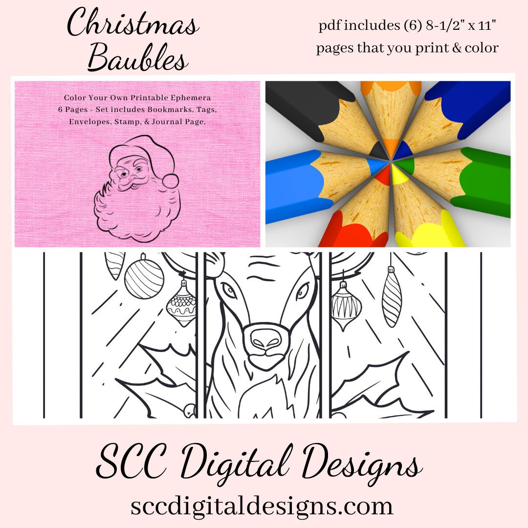 Christmas Baubles Printable Ephemera, Color Your Own Art, Tags, Envelopes, Journal Page, Coloring Bookmarks, DIY Gift for Her, Instant Download, 6 Page PDF Set Includes - Tags, Envelopes, Journal Page, Bookmarks, Instruction Sheet, Personal & Small Business Use, Create Hostess Gift Tags, Journal Page, Postcard Notecard, Paper Pockets, Vintage Xmas, Nutcracker, Ornaments & More