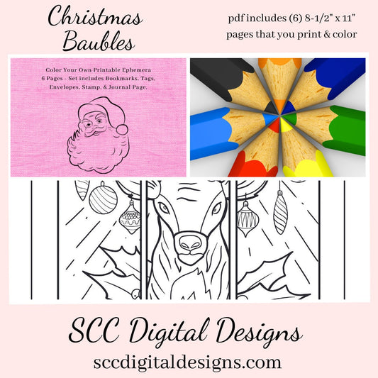 Christmas Baubles Printable Ephemera, Color Your Own Art, Tags, Envelopes, Journal Page, Coloring Bookmarks, DIY Gift for Her, Instant Download, 6 Page PDF Set Includes - Tags, Envelopes, Journal Page, Bookmarks, Instruction Sheet, Personal & Small Business Use, Create Hostess Gift Tags, Journal Page, Postcard Notecard, Paper Pockets, Vintage Xmas, Nutcracker, Ornaments & More