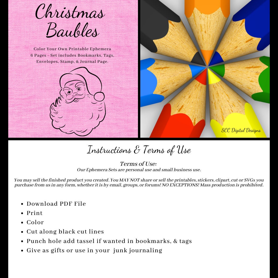 Christmas Baubles Printable Ephemera, Color Your Own Art, Tags, Envelopes, Journal Page, Coloring Bookmarks, DIY Gift for Her, Instant Download, 6 Page PDF Set Includes - Tags, Envelopes, Journal Page, Bookmarks, Instruction Sheet, Personal & Small Business Use, Create Hostess Gift Tags, Journal Page, Postcard Notecard, Paper Pockets, Vintage Xmas, Nutcracker, Ornaments & More