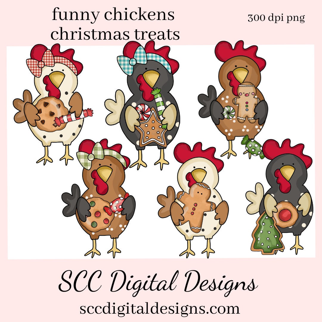 Our Clipart collections are great to create home decor, coffee mugs, tumblers, t-shirts, hoodies, kitchen towels, hot pads, and so much more!  Christmas Chicken PNG, Xmas Cookies, Holiday Gingerbread, DIY Gift for Her, DIY Printables, Exclusive Clipart Set, Instant Download, Commercial Use Clip Art, Scrapbook Elements, Craft Supplies, Scrapbook Elements, Personal Use, Whimsical Wildlife, Funny Chickens
