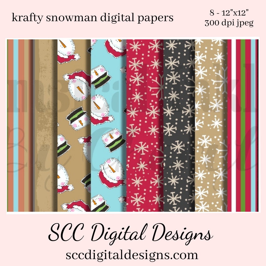 Snowman Digital Papers, Snowman Snowmen, Digital Background Paper, Instant Download, Scrapbook Supplies, Crafting Elements, Commercial Use, Scrapbooking Ephemera, Junk Journaling