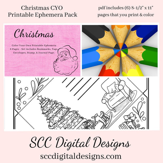 Christmas Printable Ephemera, Color Your Own Art, Tags, Envelopes, Journal Page, Coloring Bookmarks, DIY Gift for Her, Instant Download, 6 Page PDF Set Includes - Tags, Envelopes, Journal Page, Bookmarks, Instruction Sheet, Personal & Small Business Use, Create Hostess Gift Tags, Journal Page, Postcard Notecard, Paper Pockets, Vintage Xmas, Nutcracker, Ornaments & More