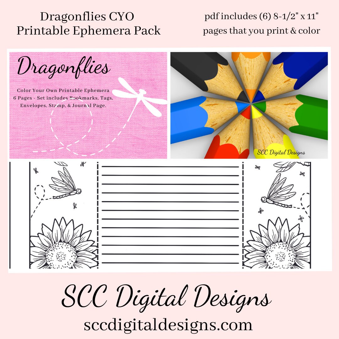 Dragonfly Coloring Pages, Color Your Own Art, Printable Ephemera, Tag, Envelope, Journal Page, Bookmark, DIY Gift for Her, Instant Download, 6 Page PDF Set Includes - Tags, Envelopes, Journal Page, Bookmarks, Instruction Sheet, Personal & Small Business Use, Create Hostess Gift Tags, Journal Page, Postcard Notecard, Paper Pockets, Summer Flowers, Sunflower