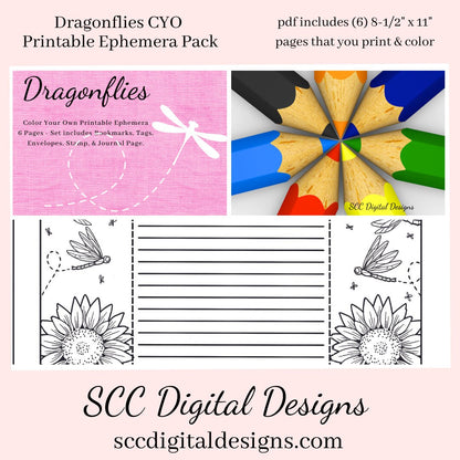 Dragonfly Coloring Pages, Color Your Own Art, Printable Ephemera, Tag, Envelope, Journal Page, Bookmark, DIY Gift for Her, Instant Download, 6 Page PDF Set Includes - Tags, Envelopes, Journal Page, Bookmarks, Instruction Sheet, Personal & Small Business Use, Create Hostess Gift Tags, Journal Page, Postcard Notecard, Paper Pockets, Summer Flowers, Sunflower