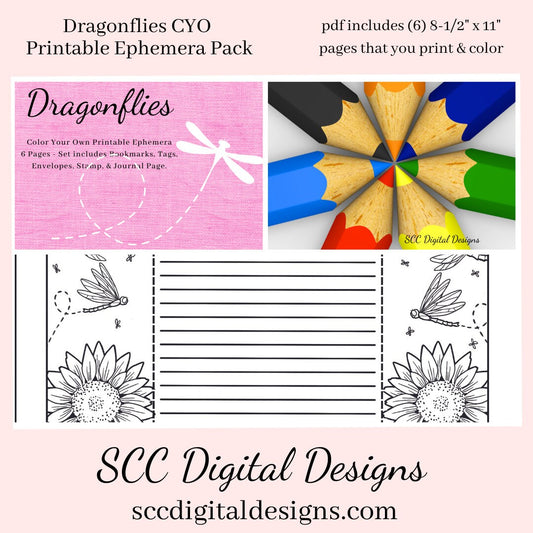 Dragonfly Coloring Pages, Color Your Own Art, Printable Ephemera, Tag, Envelope, Journal Page, Bookmark, DIY Gift for Her, Instant Download, 6 Page PDF Set Includes - Tags, Envelopes, Journal Page, Bookmarks, Instruction Sheet, Personal & Small Business Use, Create Hostess Gift Tags, Journal Page, Postcard Notecard, Paper Pockets, Summer Flowers, Sunflower