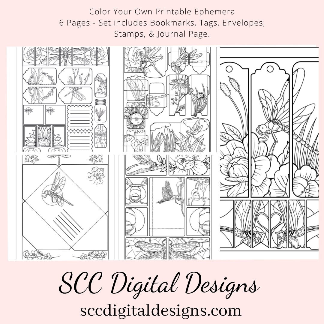 Dragonfly Coloring Pages, Color Your Own Art, Printable Ephemera, Tag, Envelope, Journal Page, Bookmark, DIY Gift for Her, Instant Download, 6 Page PDF Set Includes - Tags, Envelopes, Journal Page, Bookmarks, Instruction Sheet, Personal & Small Business Use, Create Hostess Gift Tags, Journal Page, Postcard Notecard, Paper Pockets, Summer Flowers, Sunflower