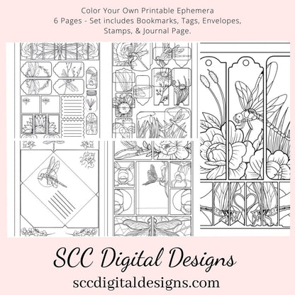 Dragonfly Coloring Pages, Color Your Own Art, Printable Ephemera, Tag, Envelope, Journal Page, Bookmark, DIY Gift for Her, Instant Download, 6 Page PDF Set Includes - Tags, Envelopes, Journal Page, Bookmarks, Instruction Sheet, Personal & Small Business Use, Create Hostess Gift Tags, Journal Page, Postcard Notecard, Paper Pockets, Summer Flowers, Sunflower