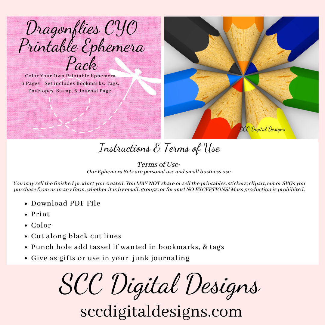Dragonfly Coloring Pages, Color Your Own Art, Printable Ephemera, Tag, Envelope, Journal Page, Bookmark, DIY Gift for Her, Instant Download, 6 Page PDF Set Includes - Tags, Envelopes, Journal Page, Bookmarks, Instruction Sheet, Personal & Small Business Use, Create Hostess Gift Tags, Journal Page, Postcard Notecard, Paper Pockets, Summer Flowers, Sunflower