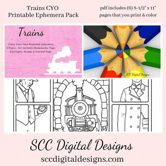 Trains Coloring Pages, Color Your Own Art, Vintage Train Printable Ephemera Set, Tag, Envelope, Journal Page, Bookmark, DIY Gift for Her, Instant Download, 6 Page PDF Set Includes - Tags, Envelopes, Journal Page, Bookmarks, Instruction Sheet, Personal & Small Business Use, Create Hostess Gift Tags, Journal Page, Postcard Notecard, Paper Pockets, Kids Activity Sets