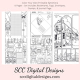 Trains Coloring Pages, Color Your Own Art, Vintage Train Printable Ephemera Set, Tag, Envelope, Journal Page, Bookmark, DIY Gift for Her, Instant Download, 6 Page PDF Set Includes - Tags, Envelopes, Journal Page, Bookmarks, Instruction Sheet, Personal & Small Business Use, Create Hostess Gift Tags, Journal Page, Postcard Notecard, Paper Pockets, Kids Activity Sets