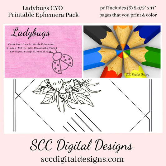 Ladybugs Coloring Pages, Color Your Own Art, Vintage Ladybug Printable Ephemera Set, Tag, Envelope, Journal Page, Bookmark, DIY Gift for Her, Instant Download, 6 Page PDF Set Includes - Tags, Envelopes, Journal Page, Bookmarks, Instruction Sheet, Personal & Small Business Use, Create Hostess Gift Tags, Journal Page, Postcard Notecard, Paper Pockets, Kids Activity Sets