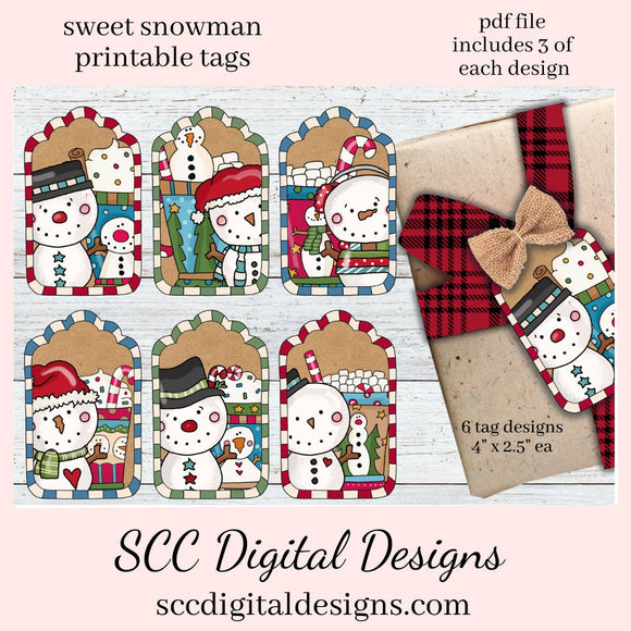 Printable Christmas Gift Tags, Snowman, Snowmen, Santa Hat, Hot Cocoa Mugs, Print at Home Tags, Instant Download, Commercial Use Printables, DIY Gift for Her, Each Tag is approximately 4