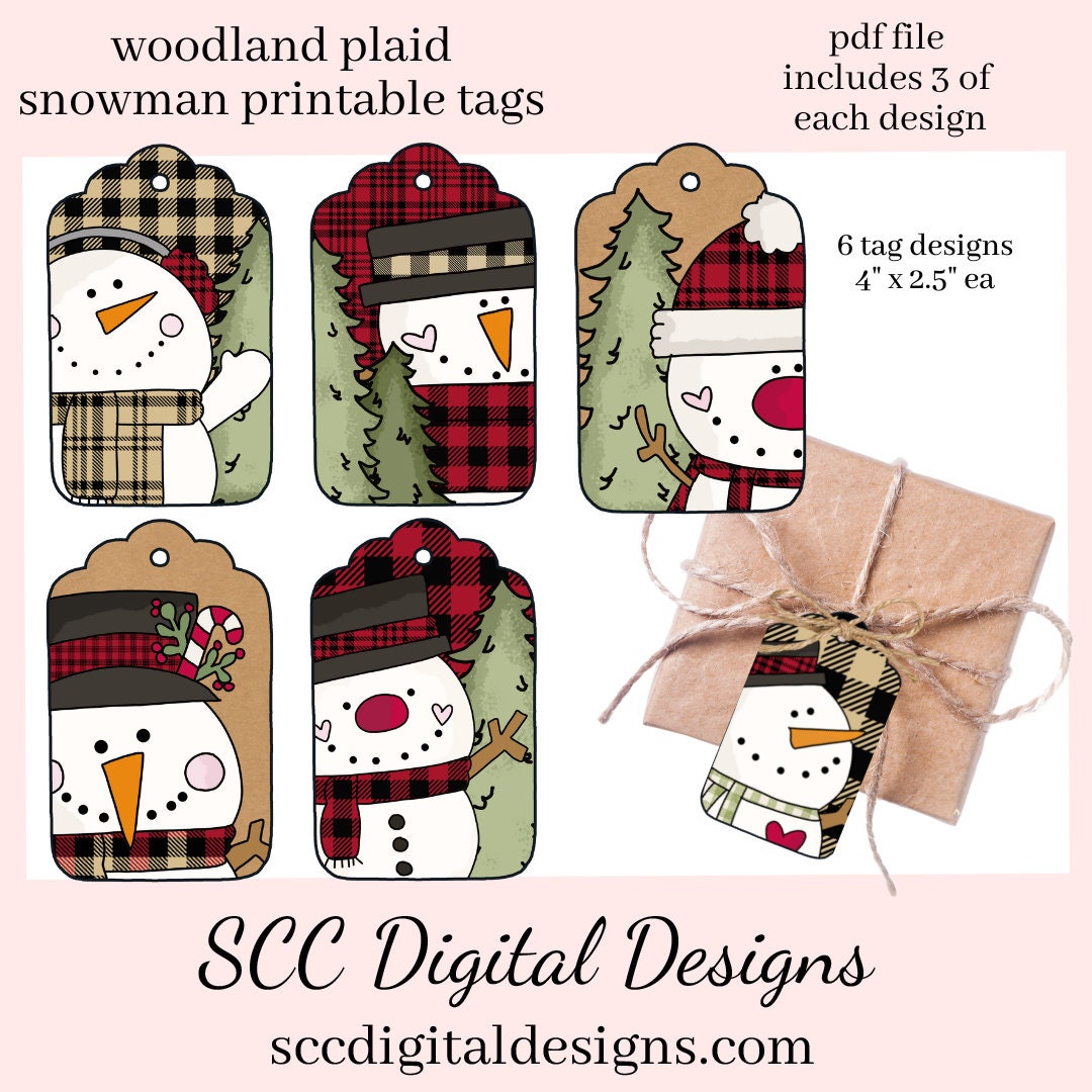 Printable Christmas Gift Tags, Buffalo Plaid Snowman, Snowmen, Hot Cocoa Mugs, Print at Home Tags, Instant Download, Commercial Use Printables, DIY Gift for Her, Each Tag is approximately 4" x 2 1/2" each