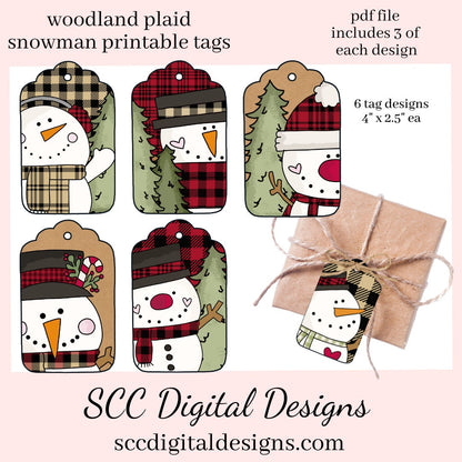 Printable Christmas Gift Tags, Buffalo Plaid Snowman, Snowmen, Hot Cocoa Mugs, Print at Home Tags, Instant Download, Commercial Use Printables, DIY Gift for Her, Each Tag is approximately 4" x 2 1/2" each