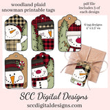 Printable Christmas Gift Tags, Buffalo Plaid Snowman, Snowmen, Hot Cocoa Mugs, Print at Home Tags, Instant Download, Commercial Use Printables, DIY Gift for Her, Each Tag is approximately 4" x 2 1/2" each
