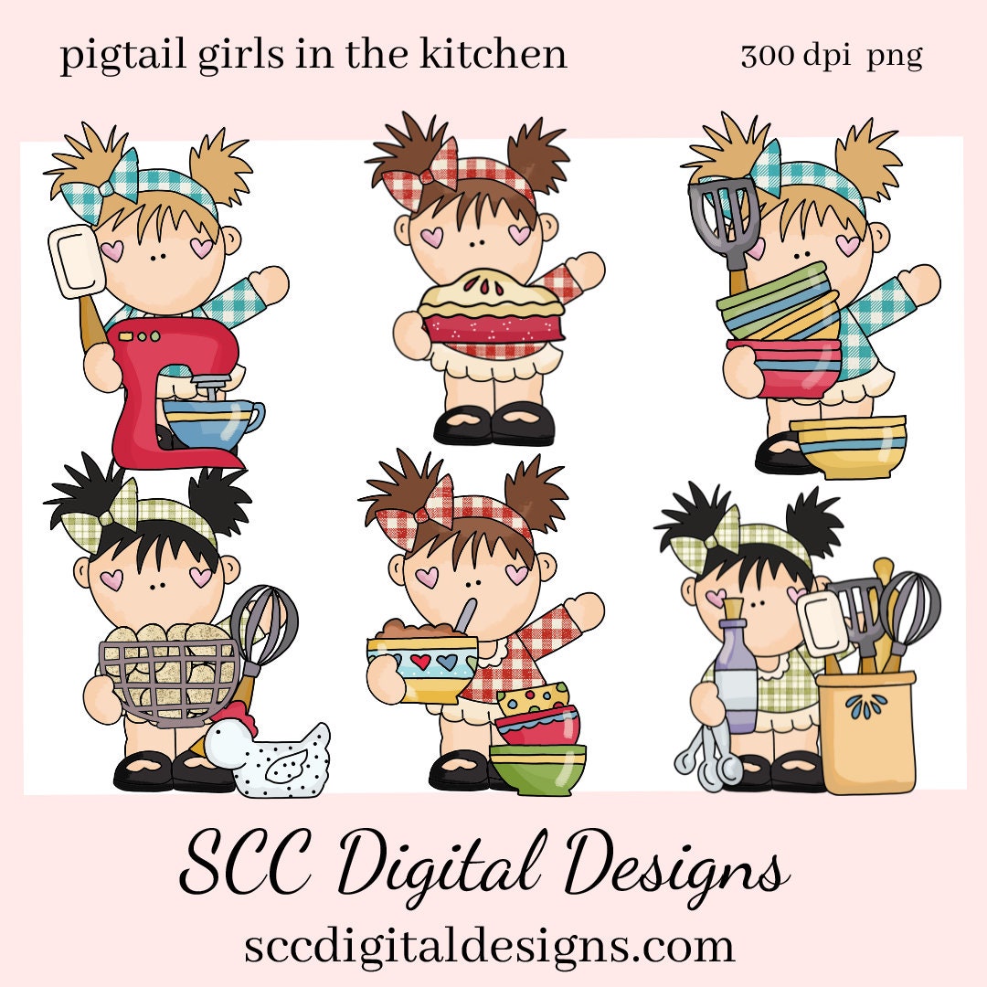 In the Kitchen PNG, Pigtail Girls, Eggs, Chicken, Utensils, DIY Gift for Her, DIY Printables, Exclusive Clipart Set, Instant Download, Commercial Use Clip Art, Scrapbook Elements, Craft Supplies, Personal Use