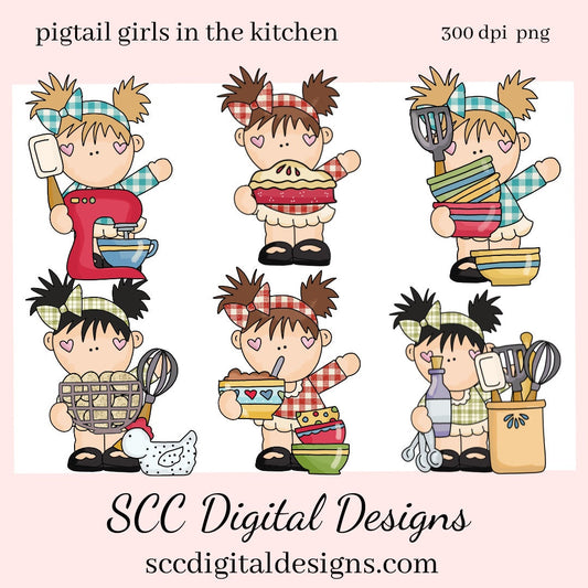 In the Kitchen PNG, Pigtail Girls, Eggs, Chicken, Utensils, DIY Gift for Her, DIY Printables, Exclusive Clipart Set, Instant Download, Commercial Use Clip Art, Scrapbook Elements, Craft Supplies, Personal Use