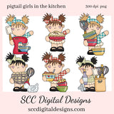 In the Kitchen PNG, Pigtail Girls, Eggs, Chicken, Utensils, DIY Gift for Her, DIY Printables, Exclusive Clipart Set, Instant Download, Commercial Use Clip Art, Scrapbook Elements, Craft Supplies, Personal Use