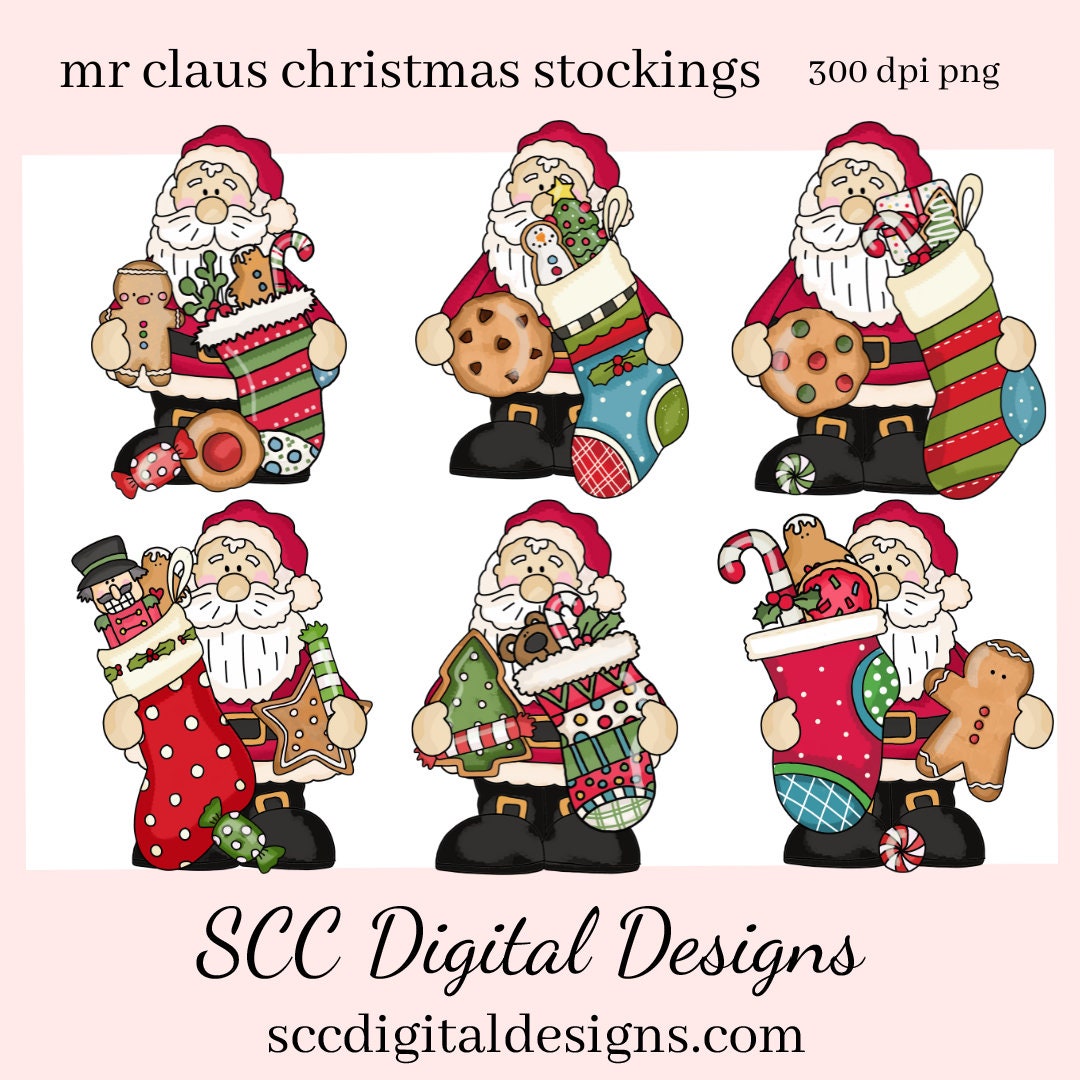 Santa Claus PNG, Christmas Stockings Nutcracker Xmas Cookies, Red White Hat, DIY Gift for Her, DIY Printables, Exclusive Clipart Set, Instant Download, Commercial Use Clip Art, Scrapbook Elements, Craft Supplies, Scrapbook Elements, Personal Use, Christmas Clipart, Xmas Hats