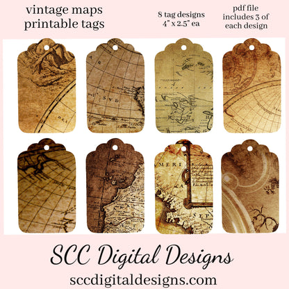 Printable Tags, Vintage World Maps, Geographical Map, Junk Journal Ephemera, Print at Home Tags, Instant Download, Commercial Use Printables, DIY Gift for Her, Old Paper Textures, Digital Ephemera, Collage Sheet, Each Tag is approximately 4" x 2 1/2" each
