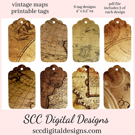 Printable Tags, Vintage World Maps, Geographical Map, Junk Journal Ephemera, Print at Home Tags, Instant Download, Commercial Use Printables, DIY Gift for Her, Old Paper Textures, Digital Ephemera, Collage Sheet, Each Tag is approximately 4" x 2 1/2" each