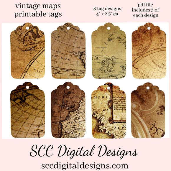 Printable Tags, Vintage World Maps, Geographical Map, Junk Journal Ephemera, Print at Home Tags, Instant Download, Commercial Use Printables, DIY Gift for Her, Old Paper Textures, Digital Ephemera, Collage Sheet, Each Tag is approximately 4