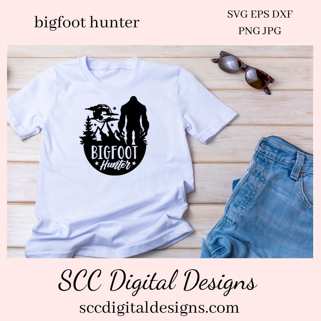 Our SVGs are great to create home decor, coffee mugs, tumblers, t-shirts, hoodies, kitchen towels, hot pads, and so much more!  Bigfoot Hunter SVG, Sasquatch Decal, Man Cave Sign, Big Foot Sticker, DIY Gift for Him, Mountain Art, Cricut Designs, Commercial Use PNG