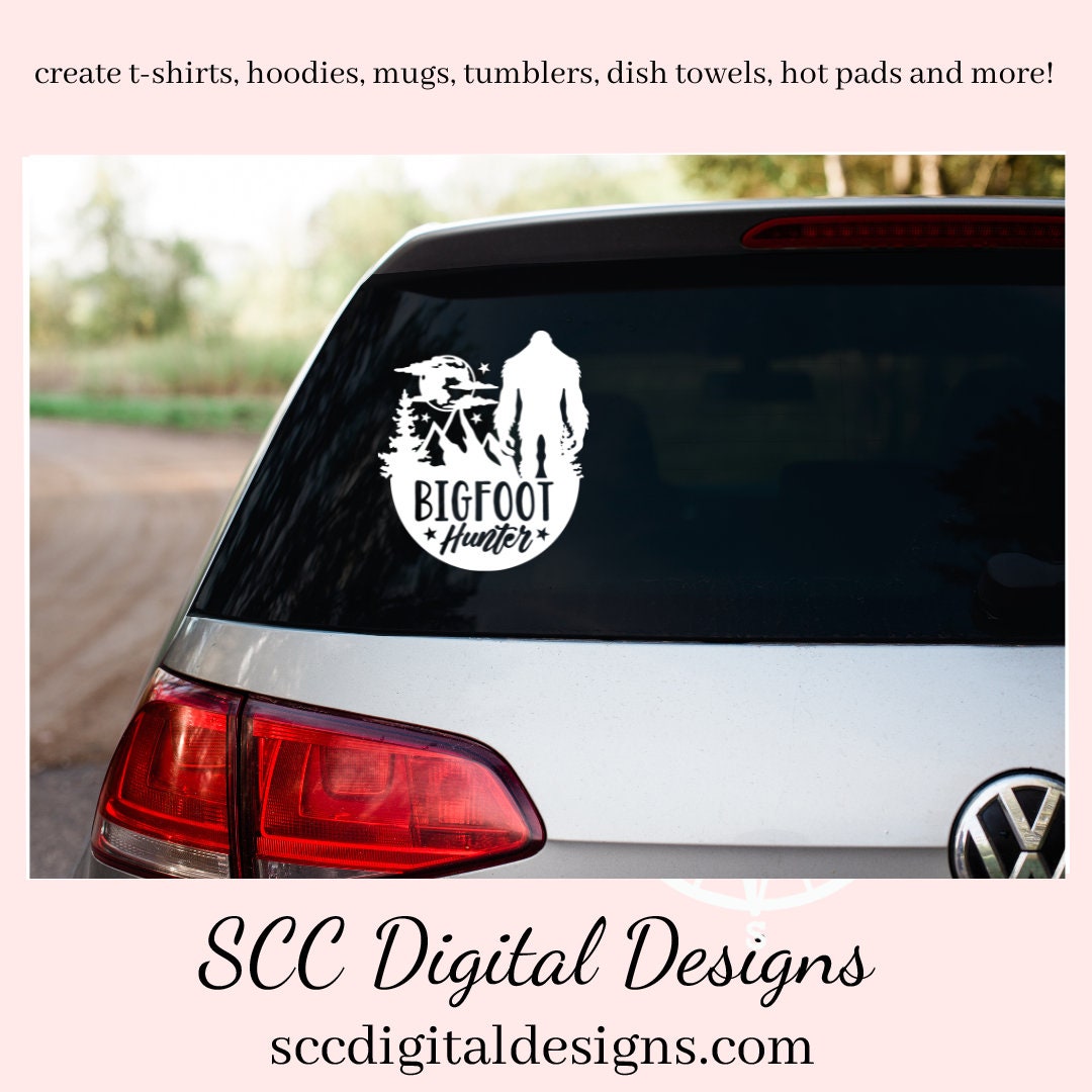 Our SVGs are great to create home decor, coffee mugs, tumblers, t-shirts, hoodies, kitchen towels, hot pads, and so much more!  Bigfoot Hunter SVG, Sasquatch Decal, Man Cave Sign, Big Foot Sticker, DIY Gift for Him, Mountain Art, Cricut Designs, Commercial Use PNG