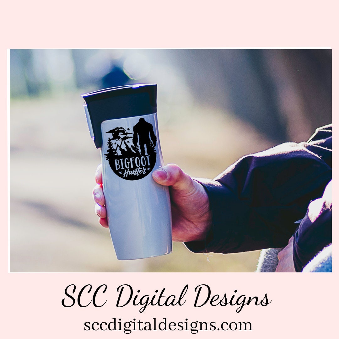 Our SVGs are great to create home decor, coffee mugs, tumblers, t-shirts, hoodies, kitchen towels, hot pads, and so much more!  Bigfoot Hunter SVG, Sasquatch Decal, Man Cave Sign, Big Foot Sticker, DIY Gift for Him, Mountain Art, Cricut Designs, Commercial Use PNG
