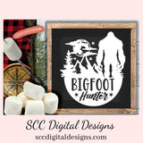 Our SVGs are great to create home decor, coffee mugs, tumblers, t-shirts, hoodies, kitchen towels, hot pads, and so much more!  Bigfoot Hunter SVG, Sasquatch Decal, Man Cave Sign, Big Foot Sticker, DIY Gift for Him, Mountain Art, Cricut Designs, Commercial Use PNG