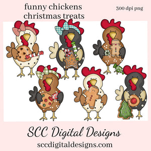 Funny Chicken PNG, Christmas Treat, Xmas Tree, Holiday Candy, Chocolate Chip Cookies, Gingerbread, DIY Gift for Her, DIY Printables, Exclusive Clipart Set, Instant Download, Commercial Use Clip Art, Scrapbook Elements, Craft Supplies, Scrapbook Elements, Personal Use