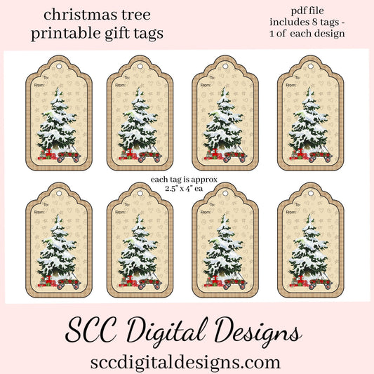 Christmas Tree Printable Gift Tag, Red Wagon, Xmas Gifts, DIY Gift for Her, Junk Journal Ephemera, Print at Home Tags, Instant Download, Commercial Use Printables, DIY Gift for Her, Old Paper Textures, Digital Ephemera, Collage Sheet, Holiday Art, Each Tag is approximately 4" x 2 1/2" each