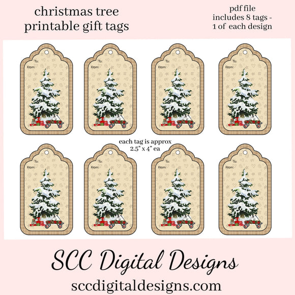 Christmas Tree Printable Gift Tag, Red Wagon, Xmas Gifts, DIY Gift for Her, Junk Journal Ephemera, Print at Home Tags, Instant Download, Commercial Use Printables, DIY Gift for Her, Old Paper Textures, Digital Ephemera, Collage Sheet, Holiday Art, Each Tag is approximately 4