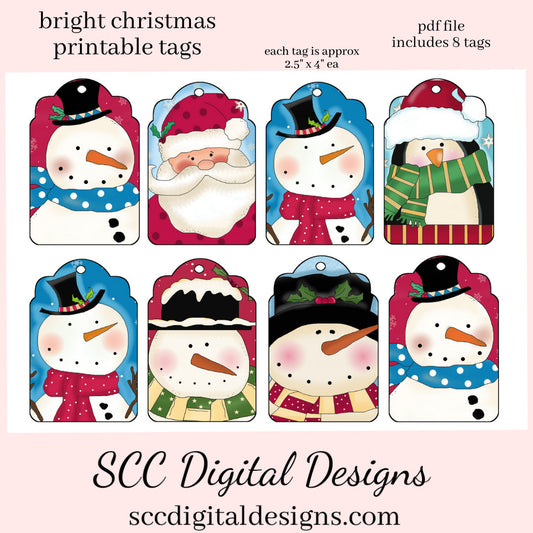 Printable Gift Tag, Santa, Snowman Xmas Gifts, Holiday Art, DIY Gift for Her, Junk Journal Ephemera, Print at Home Tags, Instant Download, Commercial Use Printables, DIY Gift for Her, Old Paper Textures, Digital Ephemera, Collage Sheet, Red & White Hat, Each Tag is approximately 4" x 2 1/2" each