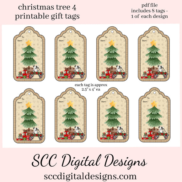 Printable Gift Tag, Christmas Tree, Xmas Gifts, Holiday Art, DIY Gift for Her, Junk Journal Ephemera, Print at Home Tags, Instant Download, Commercial Use Printables, DIY Gift for Her, Old Paper Textures, Digital Ephemera, Collage Sheet, Red & White Hat, Each Tag is approximately 4