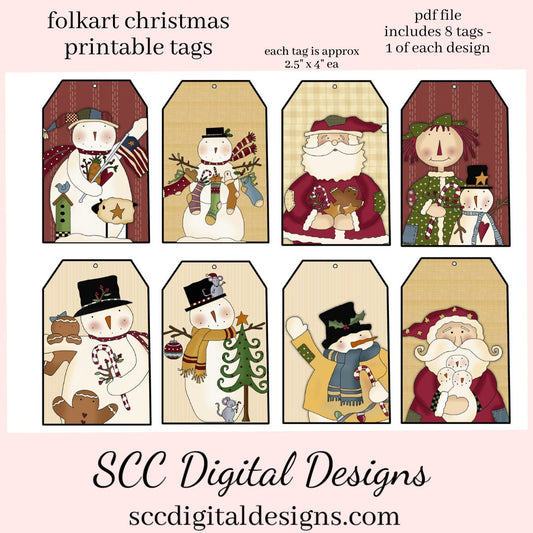 Snowman Printable Gift Tag, Snowmen, Santa, Raggedy Annie, Holiday Art, DIY Gift for Her, Junk Journal Ephemera, Print at Home Tags, Instant Download, Commercial Use Printables, DIY Gift for Her, Digital Ephemera, Collage Sheet, Xmas Gifts, Each Tag is approximately 4" x 2 1/2" each